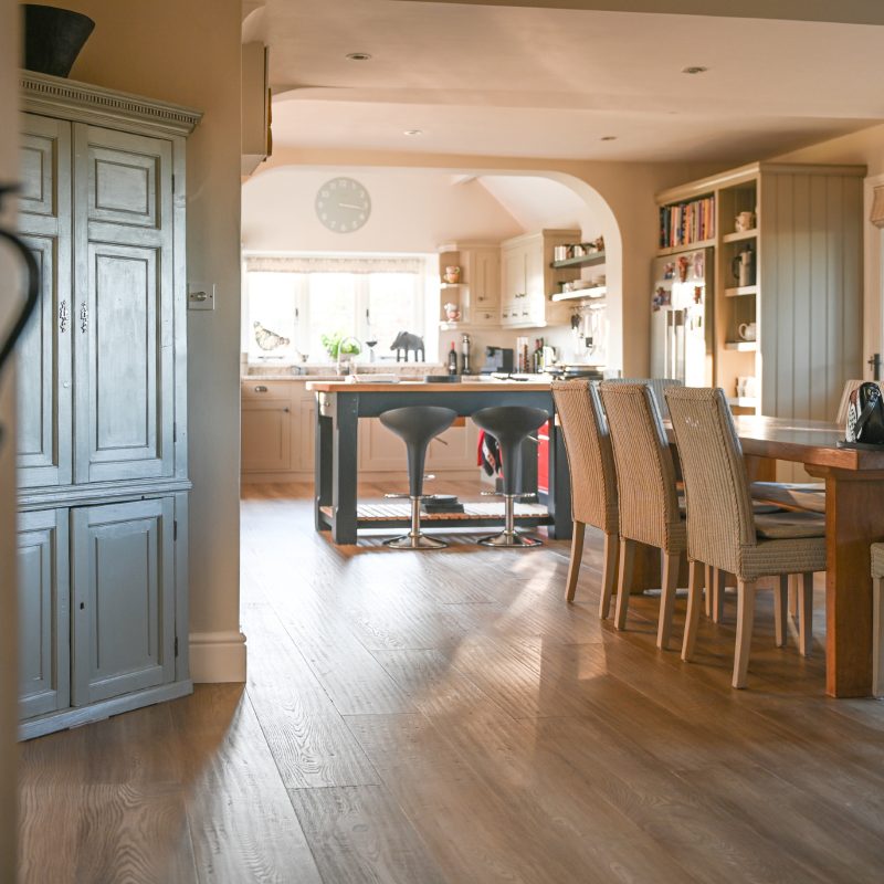 neutral kitchen with landscapes wood floors