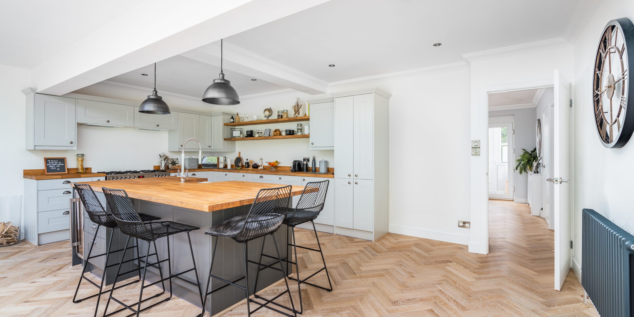 light herringbone wood floors in kitchen design